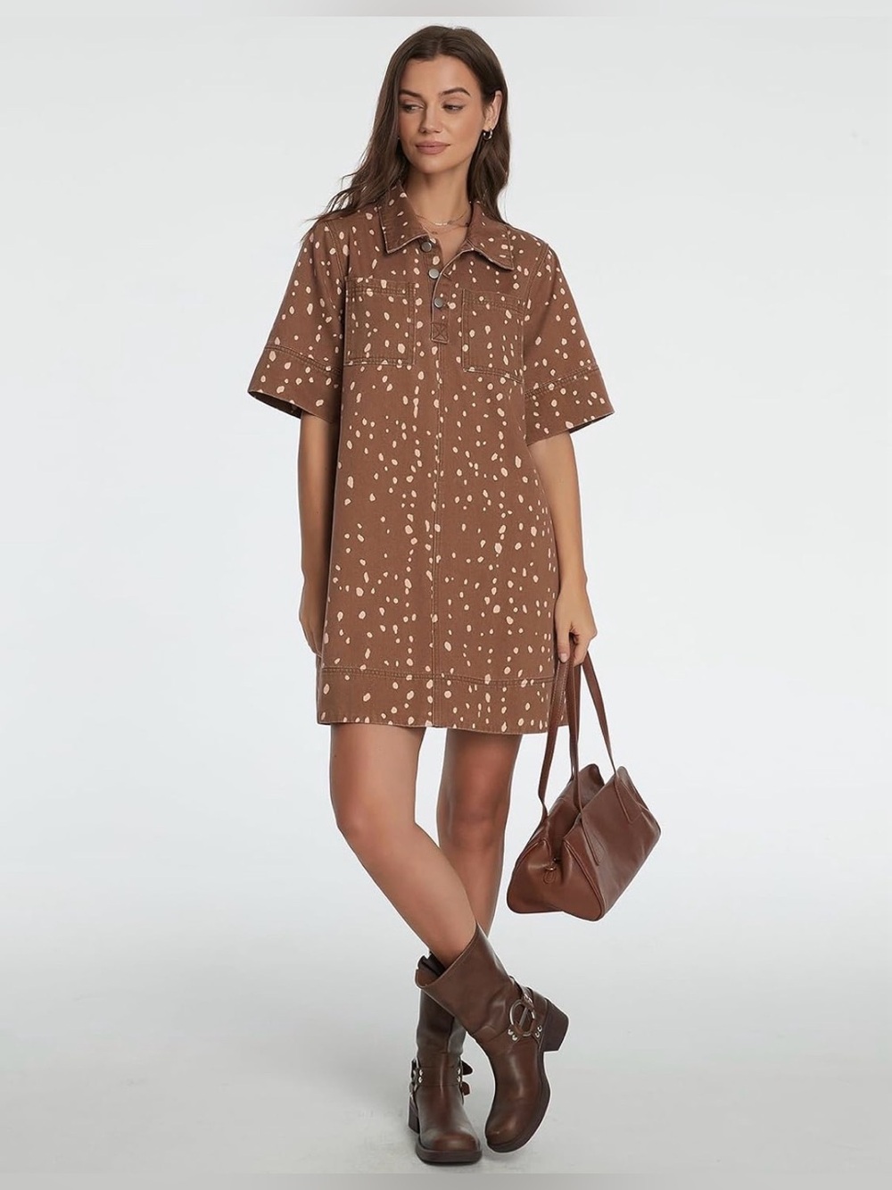 Denim Short-Sleeve Brown Spot Shirt Dress